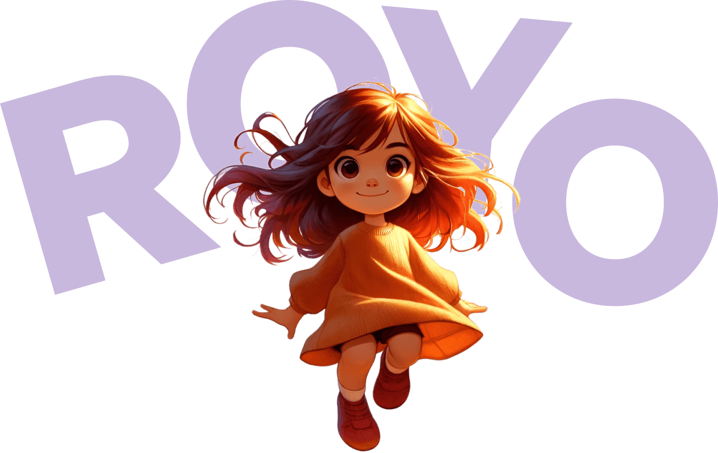 Illustration of a girl with long hair and dress flowing to the wind like she is levitating. Behind her, the word ROYO